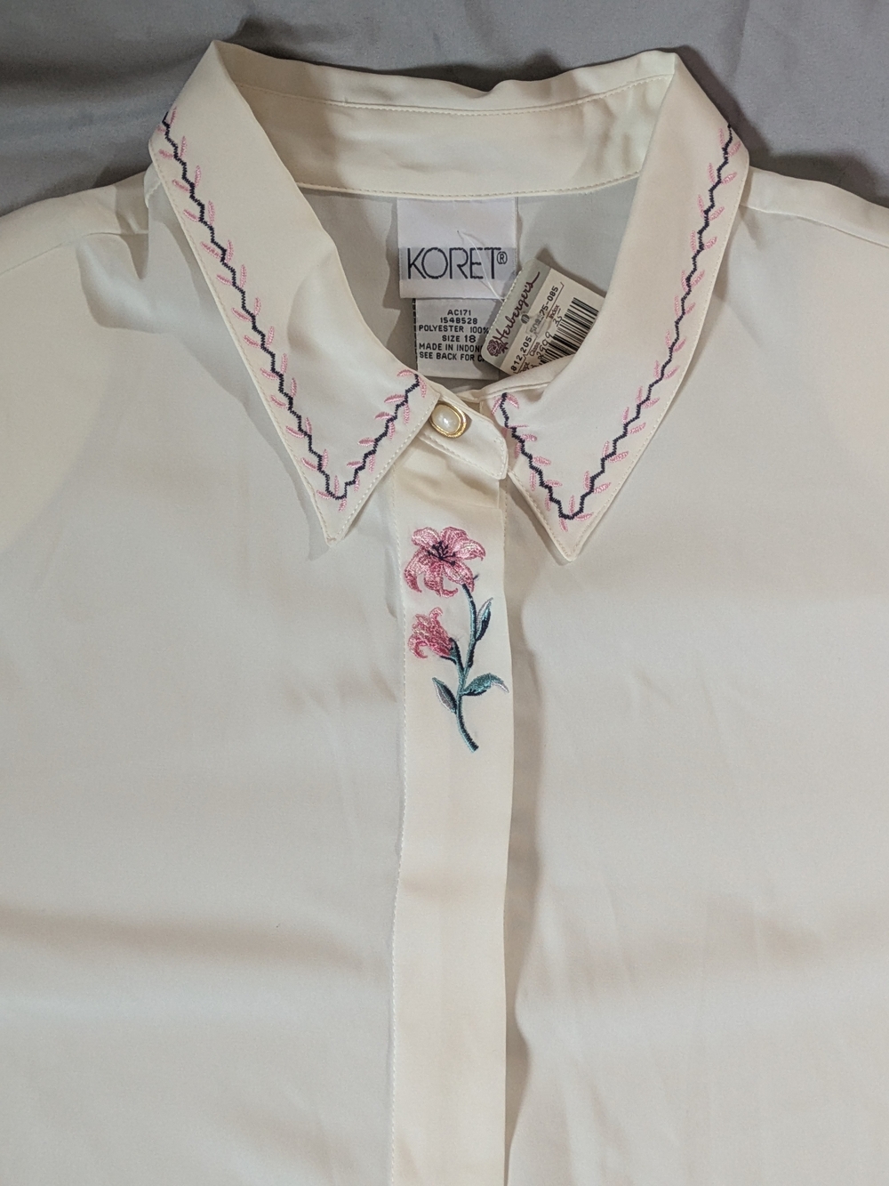Koret Cream Button-Down Shirt with Pink Floral & Navy Stitching